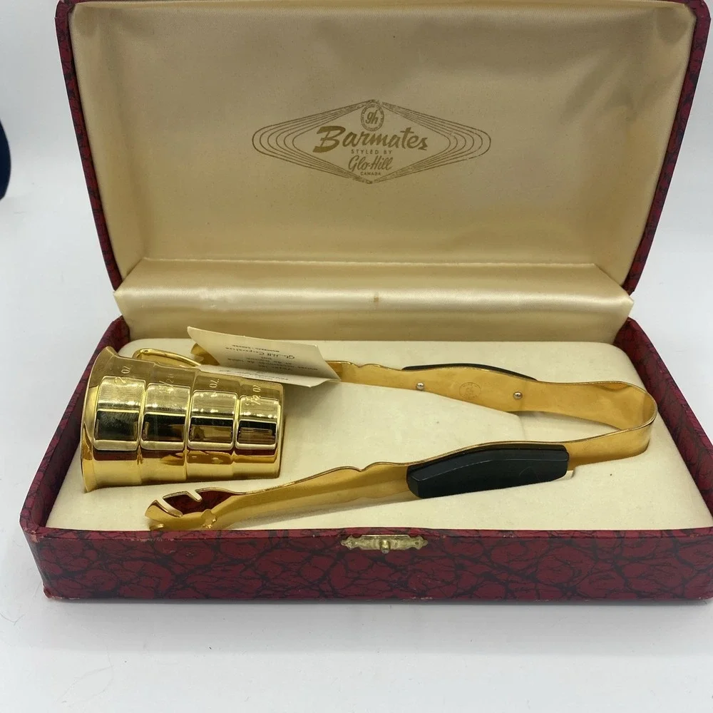 Vintage Mid Century Modern Glo Hill Canada Gold Tone Bar Set Original Box 1950's